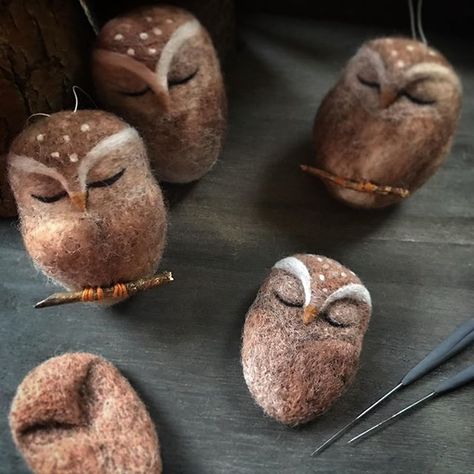 Tovad Ull, Owl Tutorial, Felt Wool Ball, Needle Felted Owl, Hantverk Diy, Felt Owls, Needle Felting Diy, Needle Felted Christmas, Felting Ideas