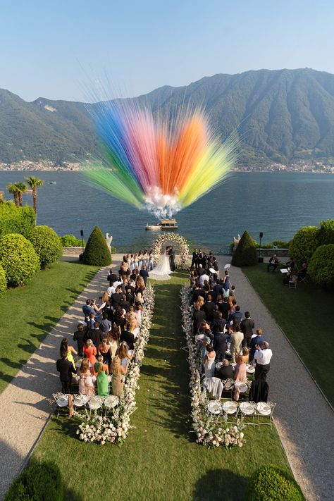 Wedding Ceremony Fireworks, Daytime Fireworks Wedding, Rainbow Wedding Arch, Firework Wedding, Rainbow Fireworks, Rainbow Wedding Flowers, Rave Wedding, Rainbow Wedding Theme, First Kiss Wedding