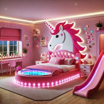 Unicorn Room Ideas, Unicorn Bed, Quirky Furniture, Bedroom Ideas For Small Rooms Diy, Unicorn Room, Dream Bedroom Inspiration, Colorful Kids Room, Purple Bedroom, Bedroom Orange