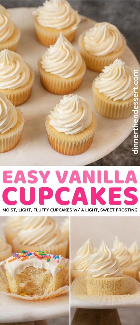 Vanilla Cupcakes with Vanilla Frosting are super moist, light, and fluffy cupcakes packed with vanilla flavor. These kid-friendly sprinkle-covered delights are a perfect party dessert! Wv Recipes, Homemade Vanilla Cupcakes, Vanilla And Chocolate Cupcakes, Homemade Cupcake Recipes, Perfect Cupcakes, Easy Vanilla Cupcakes, Cupcake Frosting Recipes, Moist Vanilla Cupcakes, Cupcake Recipes From Scratch