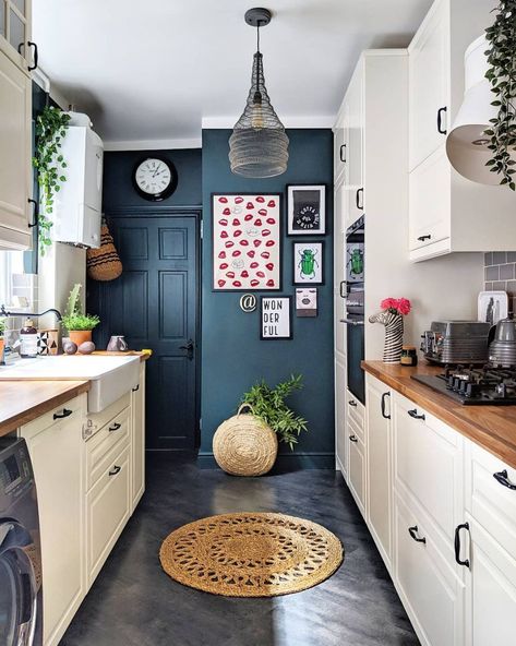 Snug galley kitchen with a strategic splash of color. Small Kitchen Decoration, Galley Kitchen Remodel, Galley Kitchens, Kabinet Dapur, Kitchen Redesign, Galley Kitchen, Kitchen Remodel Idea, White Cabinets, Kitchen Layout