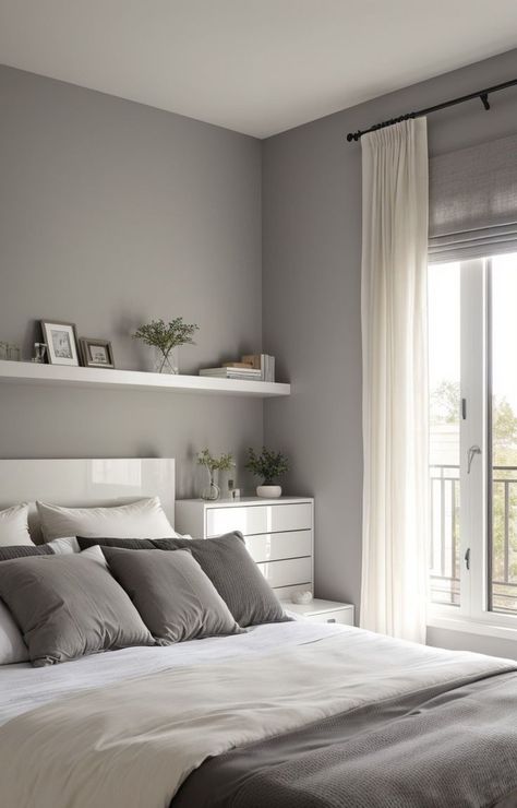 Gray Room Inspiration, Grey Nd White Bedroom Ideas, Grey Wall Ideas Bedroom, Small White And Grey Bedroom, Gray Walls White Furniture Bedroom, White And Grey Minimalist Bedroom, Grey Wall White Furniture, The Best Color For Bedroom, White Bedding With Grey Accents