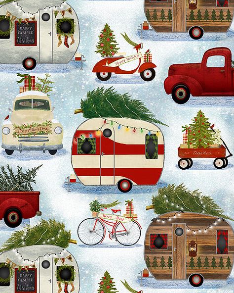 Red pickup trucks, wagons, bicycles, scooters, and trailers give a new meaning to Home for the Holidays. Larger vehicles are about 4", from the 'Christmas Campers' collection by Beth Albert for Quilter's Palette.  Quilt Fabrics from www.eQuilter.com Christmas Camper Painting, Red Pickup Truck Christmas, Christmas Caravan, Christmas Trailer, Christmas Camper, Trunk Or Treat Ideas, Camping Christmas, Camper Art, 달력 디자인