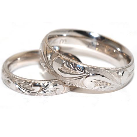 Beautiful Hand Engrave White Gold Wedding Bands. 14 Karat White Gold Heavy Comfort fit Bands to maximize comfort on finger. Beautiful Matching engravings with millgrain finish giving them a special touch.   Both for only $2750 ! At windy City Diamonds. # w087764 # w087766  #windycitydiamonds #gold #14kt #14ktgold #whitegold #WB #weddingband #weddingbands White Gold Marriage Rings, Marriage Ring White Gold, Matching Wedding Rings For Couples, Silver Marriage Rings, White Gold And Gold Wedding Rings, Platinum Rings Couple Wedding Bands, Unique Matching Wedding Bands, Matching Engraved Wedding Bands, 14k White Gold Wedding Bands