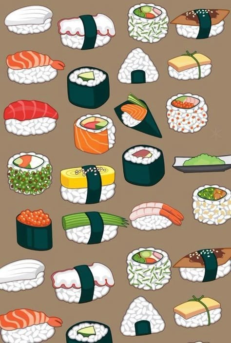 Sushi Wallpaper, Sushi Tattoo, Sushi Drawing, Japanese Food Illustration, Sushi Design, 귀여운 음식 그림, Sushi Cat, Japanese Home Decor, Food Artwork