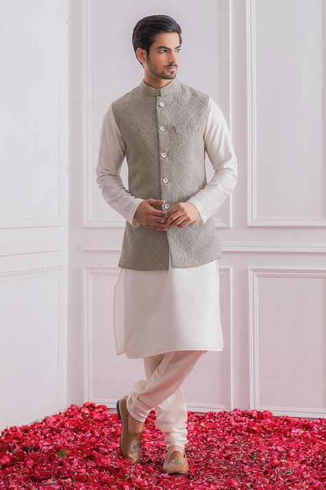 Shop for these amazing collections of Grey Pure Georgette; Lining: Twill Satin Embroidered Thread Nehru Jacket For Men by Ankit V Kapoor online at Aza Fashions. Man Dress Design, Indian Wedding Clothes For Men, Nehru Jacket For Men, Wedding Kurta For Men, Man Dress, Kurta Set For Men, Nehru Jacket, Nehru Jackets, Satin Color