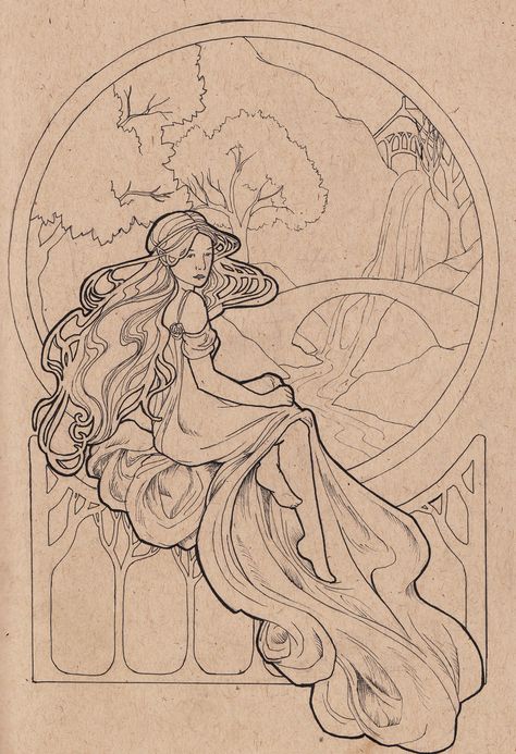 Arwen line art by Lamorien. http://lamorien.deviantart.com/art/Arwen-Line-art-162391026 Arwen Illustration, Art Neavou Tattoo, Noveau Art Illustration, Mucha Art Nouveau Illustrations, Art Nouveau Style Illustration, Art Nouveau Line Art, Art Nouveau Lines, Arwen Tattoo, Art Nouveau Drawing