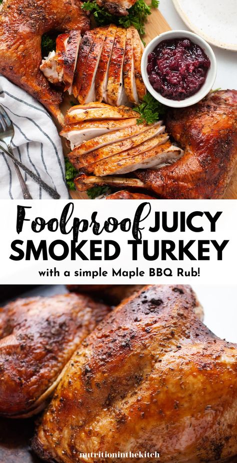 Looking for turkey recipes? This easy smoked turkey is great for Thanksgiving, Christmas, Easter, or any time of year (summer bbq season too!). It’s so juicy and tender with crispy, flavourful skin! The breast, wings, and every part of the whole turkey is incredible and the maple bbq rub adds so much flavour. It’s one of the best rub recipes you can use for any poultry! If you’ve never tried a whole turkey in a smoker, now’s the time! Smoked Turkey Recipes Thanksgiving, Smoked Turkey Rub Recipes, Bbq Thanksgiving, Smoked Turkey Rub, Smoked Turkey Breast Recipe, Smoked Whole Turkey, Turkey Rub Recipes, Turkey Rub, Turkey Seasoning