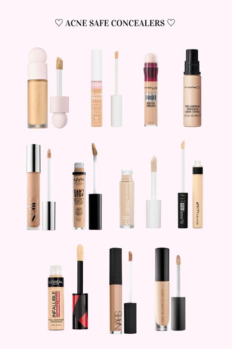 With the considerable amount of makeup products on the market today, it can be hard to be conscious of which ones are actually the best for you! Surprisingly many concealers are not ideal for preventing or avoiding breakouts. Luckily, we have done the research and the following have NO pore-clogging ingredients and thus should not cause breakouts. Types Of Concealer, Best Makeup Concealer, Best Makeup Products For Acne Prone Skin, How To Buy Concealer, Makeup Base Products, Cvs Makeup Must Haves, Non Pore Clogging Makeup, Acne Makeup Products, Acne Safe Makeup Products Drugstore