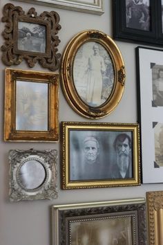 Photo Wall Antique Frames, Ancestry Wall Ideas, Antique Family Photos Display, Wall Of Framed Photos, Ancestor Wall Ideas, Wall Of Gold Frames, Vintage Family Photos Display, Ancestor Photo Wall, Vintage Photo Frames On The Wall