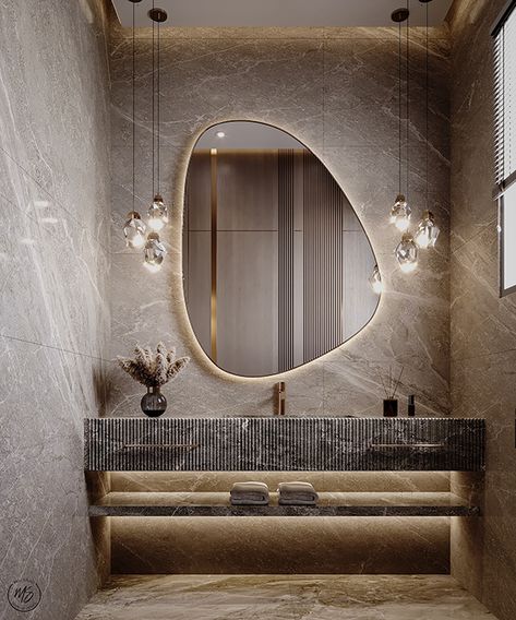 Mirror Design Washroom, Modern Wash Basin Mirror Design, Washroom Mirror Ideas, Luxury Washroom Design Master Bath, Majlis Bathroom, Powder Washroom, Mirror Design Washbasin, Basin Counter Design, Washbasin Counter Design In Hall