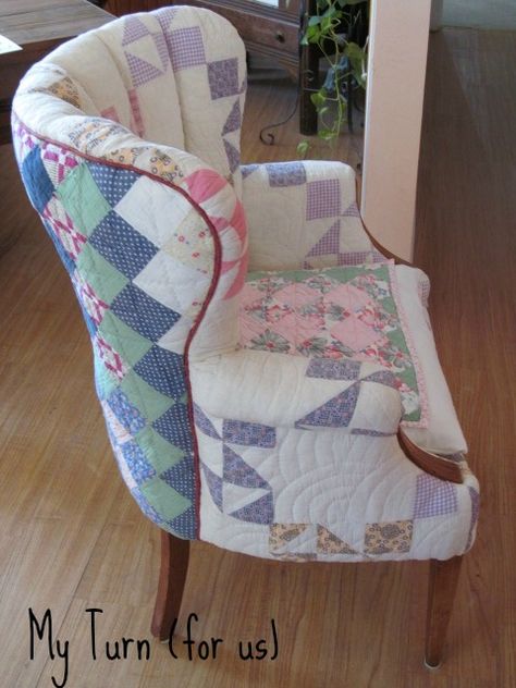 Great Recipes and Fun Crafts from our Ranch in Texas Upholstered Chairs Diy, Patchwork Furniture, Patchwork Chair, Funky Chairs, Quilt Display, Reupholster Furniture, Quilts Decor, Furniture Rehab, Upholstered Chair