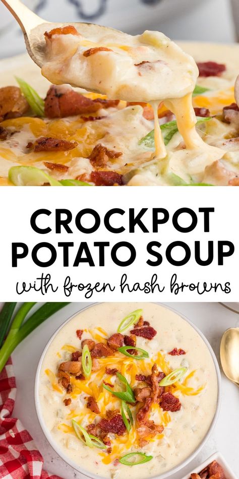 Crockpot Potato Soup with Frozen Hash Browns Crock Pot Potato Soup Hashbrowns, Diced Potato Soup Crock Pot, Crock Pot Potatoes Soup With Hashbrowns, Crockpot Recipes Hashbrown Potato Soup, Potato Soup Made With Frozen Shredded Hashbrowns, Cheesy Hashbrown Soup Crock Pot, Potato Soup With Cubed Hashbrowns, Potato Soup Made With Frozen Hash Brown Potatoes, Potato Obrien Soup