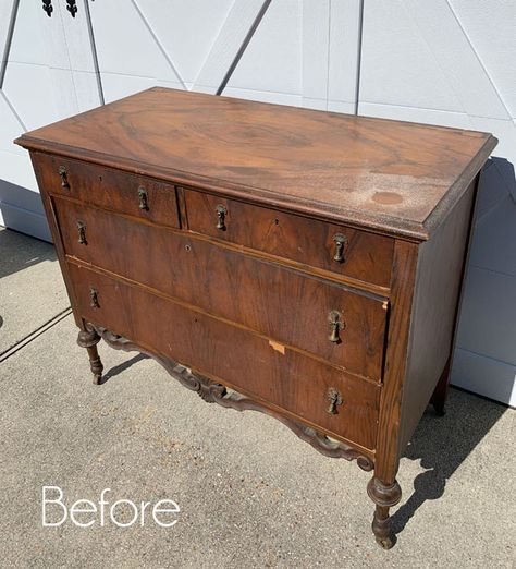 11 Dramatic Furniture Makeovers Upcycle Mahogany Furniture, Dark Walnut Stain Furniture, Refinished Walnut Dresser, Upcycle Dark Wood Furniture, Redone Antique Dresser, Upcycle Antique Furniture, Restore Antique Furniture, Updating Antique Furniture, Refinishing Furniture Ideas Before After