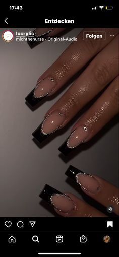 Black Almond Nails With Design, Hoco Nails Coffin, Square Mid Length Nails, Nail Inspo For Black Hoco Dress, Nails Inspiration Green And Black, Black Nails For Prom Glitter, Nails For A Dark Green Dress, Birthday Nails 16 Year, Nails For Black Hoco Dress