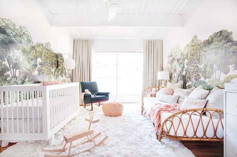 A Baby Girl’s Blush and Green Nursery Em Henderson, Rattan Headboard, Stylish Nursery, Green Nursery, Baby's Room, Nursery Inspiration, Modern Nursery, Nursery Design