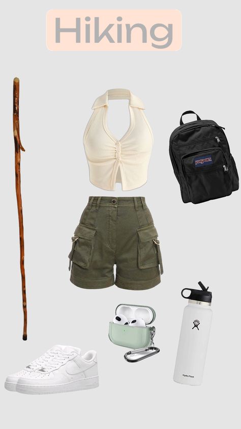 Hiking outfit and attire!! 🤍 { #hiking#nature#outfit#hikinginstyle } Cute Summer Hiking Outfit, Dofe Expedition Outfit, Hiking Outfit Summer Aesthetic, Chic Hiking Outfit, Cute Hiking Clothes, Hiking Aesthetic Outfit, Hiking Ootd, Hiking Outfit Aesthetic, Spring Hiking Outfits