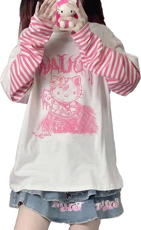 Anime Long Sleeve T-Shirts for Women Patchwork Kawaii Harajuku Fake Two Piece Gothic Tops Pink at Amazon Women’s Clothing store Patchwork Shirts Women, Jacket Dress Set, Gothic Tops, Gothic Shirts, Kawaii Shirts, Kawaii Harajuku, Anime Shirt, Goth Outfits, Kawaii Clothes