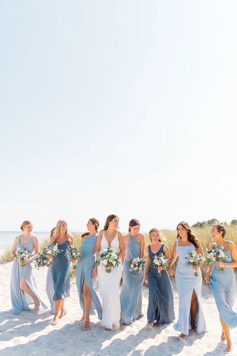 Coastal Grandma Bridesmaids, Wedding At Beach Dresses, Beach Bridesmaid Dresses Blue, Blue Themed Beach Wedding, Cute Wedding Bridesmaid Dresses, Destination Wedding Bridesmaid Dresses Beach, By The Beach Wedding, Blue Beachy Bridesmaid Dress, Bridesmaid Dresses Different Blues