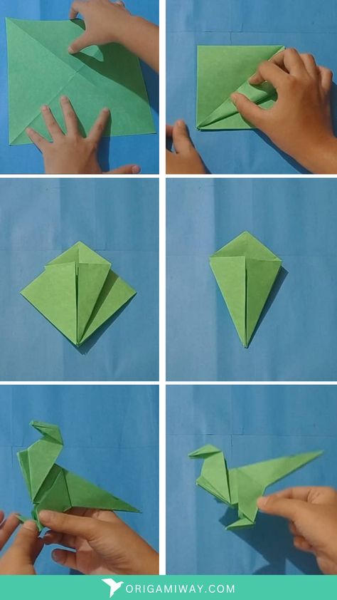 An origami paper green dinosaur Dinosaur Crafts For Adults, Dino Diy Crafts, Origami Dinosaur Step By Step, Easy Dino Origami, Dinasour Origami Easy, Paper Dinosaur Origami, Oragami Dinasour, Origami Dinosaur Easy Step By Step, How To Make A Paper Dinosaur