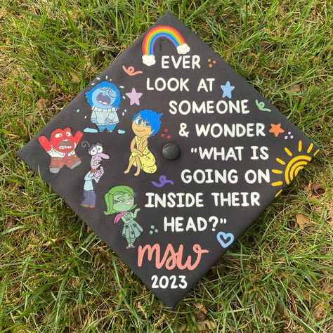 Social Worker Graduation Cap Ideas, Inside Out Graduation Cap Ideas, Social Work Grad Cap Ideas, Msw Grad Cap Ideas, Masters Of Social Work Graduation Cap, Graduation Cap Designs College Social Work, Graduation Cap Designs Therapist, School Psychologist Graduation Cap, Counseling Grad Cap