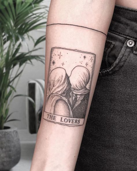 The Lovers Rene Magritte Tattoo Michele Costante The Lovers Tattoo Ideas, The Lovers Card Tattoo, Love Is Art Tattoo, Two Lovers Tattoo, Tarot Tattoo The Lovers, Tarot Lovers Tattoo, The Lovers Painting Tattoo, The Lovers Tarot Tattoo, The Lovers Tattoo Design