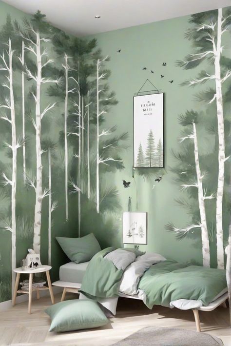 home decor interior design, interior bedroom design, designer wall paint, home paint colors Forest Wall Painting Ideas, Forest Wall Mural Painted Diy, Forest Wall Painting, Green Childrens Bedroom, Kids Forest Bedroom, Wall Murals Painted Diy, Sustainable Living Room, Artsy Decor, Diy Woodland