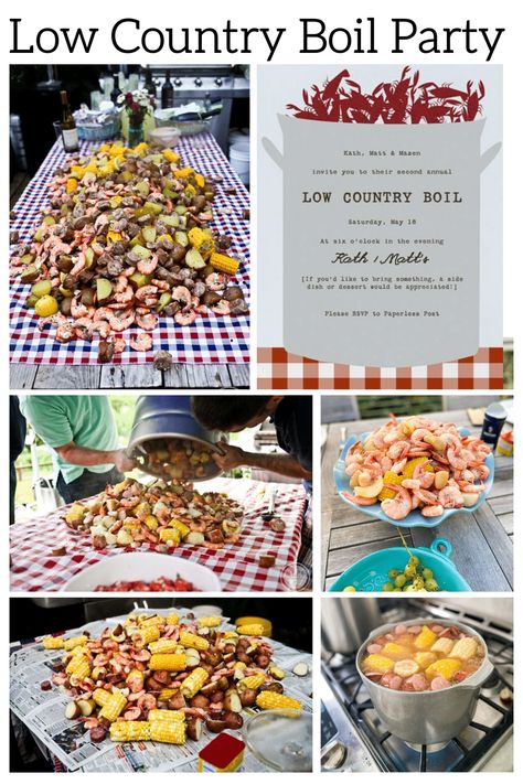 All the details you need to host a low country boil party, from the big pot and table to sides, decor, and desserts. Country Boil Party, Low Country Boil Recipe, Shrimp Boil Party, Low Country Boil Party, Crab Boil Party, Great Harvest Bread, Cajun Boil, Fish Boil, Seafood Boil Party