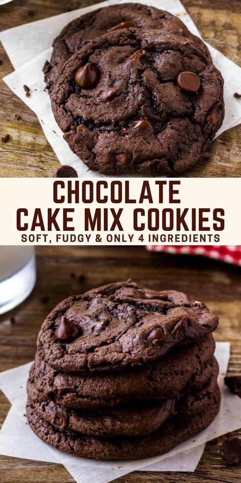 4 Ingredient Cake, Chocolate Cookie Recipes Easy, Chocolate Cake Mix Recipes, Chocolate Cake Mix Cookies, Cake Batter Cookies, Boxed Cake Mixes Recipes, Mix Chocolate, Cake Mix Desserts, Cookies Holiday