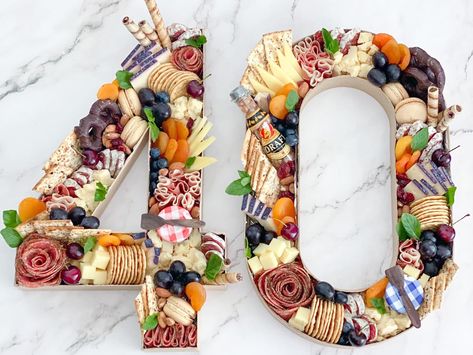 40th Food Ideas, Charcuterie Board For 40th Birthday, 40th Birthday Desert Table, 40th Birthday Brunch For Men, 40 Birthday Charcuterie Board, Number 40 Charcuterie Board, Charcuterie Board For 30th Birthday, 3rd Birthday Charcuterie Board, Rock And Roll Charcuterie Board