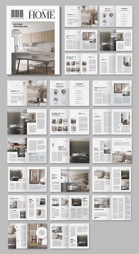 Interior Design Magazine Template InDesign INDD Indesign Layout Interior Design, Simple Magazine Layout Design, Indesign Templates Architecture, House Magazine Layout, Magazine Lay Out Design, Magazine Cover Interior Design, Home Decor Magazine Layout, Home Magazine Design, Magazine Layout Design Architecture