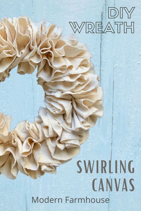 Partial canvas wreath on a light distressed wood background Drop Cloth Wreath, Contemporary Wreath, Diy Everyday Wreath, Drop Cloth Projects, Farmhouse Fabric, Picture Frame Decor, Fabric Wreath, Rag Wreath, Ribbon Wreath