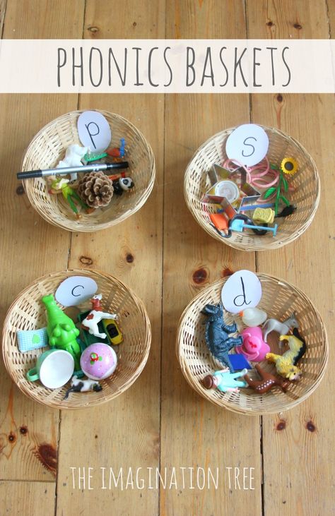 Phonics/Alphabet Baskets Sorting Activity- for independent practice station or reading station Phonics Alphabet, Fun Phonics Activities, Imagination Tree, Eyfs Activities, Nursery Activities, Jolly Phonics, Preschool Literacy, Teaching Phonics, Kindergarten Literacy