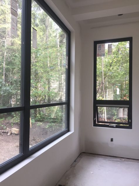 Black inside windows, no sill No Window Trim Look, Interior Window No Trim, Interior Trim Black Windows, Black Inside Window Trim, No Trim Windows Modern, Black Bedroom Windows, Drywall Around Window, White Wall Black Window Trim, Sheetrock Returns On Windows