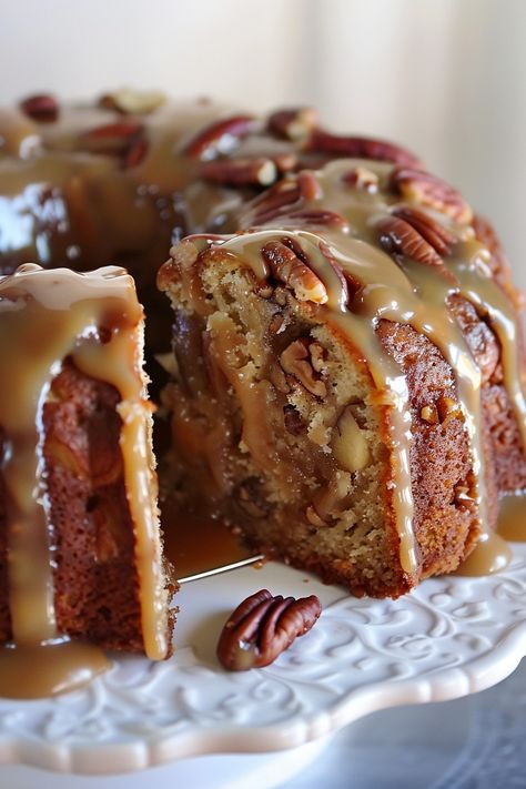 Delight in the flavors of autumn with this Apple Pecan Cake with Caramel Glaze recipe, featuring fresh Granny Smith apples, crunchy pecans, and a luscious homemade caramel sauce for a truly decadent treat. Apple Pecan Bundt Cake, Apple Pecan Cake, Caramel Glaze Recipe, Cake With Caramel, Caramel Glaze, Light Cakes, Pecan Cake, Apple Cake Recipes, Bundt Cakes Recipes