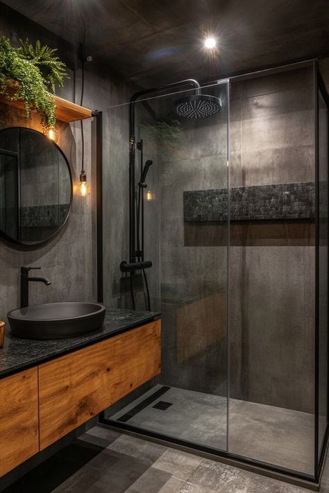 Spa Bathroom Ideas Dark, Bathroom Design For Men, Black And Gray Small Bathroom Ideas, Bathroom Dark Grey Cabinets, Modern Cabin Interior Bathroom, Minimalist Dark Bathroom, Black Bathroom With Wood Accents, Small Dark Bathroom Aesthetic, Dark Tile Shower Ideas Small Bathrooms