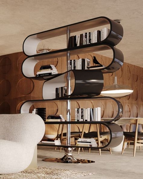 Ventia rotating shelf object was designed to be the center of any environment. Open and airy, the oval levels, functioning as shelves are rotating in 360’ around the central rod - letting the design to be accessible and usable from all directions, therefore also suitable as a space separator. Wall Mounted Library, Oval Bookshelf, Rotating Shelves, Oval Shelf, Rotating Cabinet, Rotating Display, Swivel Shelf, Rotating Shelf, Display Shelf