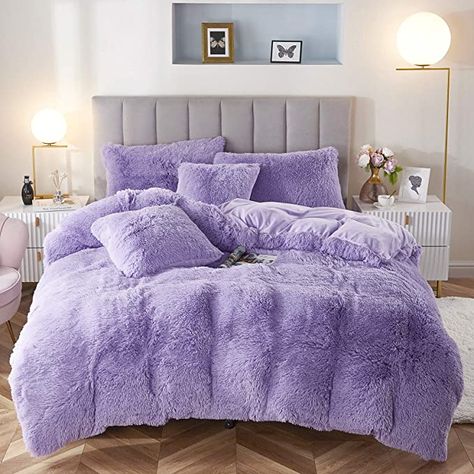 Lilac Bedroom, Purple Bedroom Decor, Purple Bedding Sets, Purple Room Decor, Faux Fur Bedding, Fluffy Duvet, Fur Bedding, Purple Bedrooms, Purple Bedding