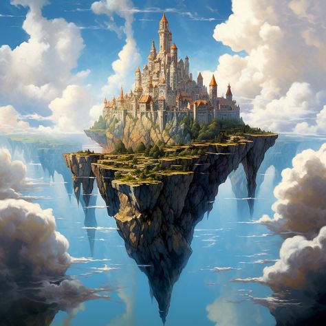 An introduction to the world of Floating Islands Floating Island Fantasy Art, Floating Land Drawing, Floating Island Landscape, Sky Islands Fantasy Art, Floating City Fantasy Art, Fantasy Floating City, Floating Island Illustration, Fantasy Floating Islands, Floating Island Drawing