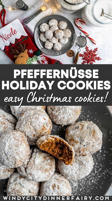 Holiday baking is in full force and these Pfeffernüsse Holiday Cookies taste just like Christmas! This easy Christmas cookie recipe is easy to make, and will be a family favorite for years! Makes a great fall dessert or treat, too! Pefernuse Cookies, Pepper Nut Cookies Christmas, Feffernoose Cookies, Gluten Free Cookies For Christmas, Pferrernusse Cookies, Pfeffernusse Cookies German Christmas, Pheffernuese Cookies Recipe, Pefferness Cookies, Gluten Free Pfeffernusse Cookies