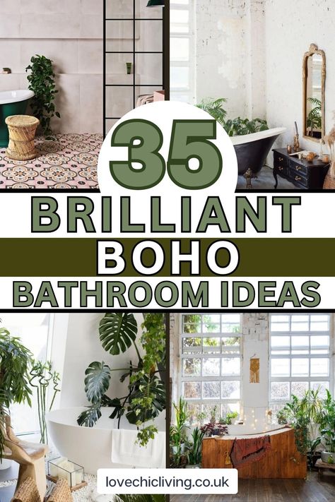 Step into a world of eclectic charm with our Boho Bathroom decor ideas. This guide shows you how to create a whimsical retreat, even in small spaces. Discover how to mix textures, patterns, and color schemes for a truly bohemian vibe. Learn to balance bold paint choices with natural elements for a harmonious look. Perfect for those seeking a unique, free-spirited bathroom design. Click to explore and bring your boho bathroom dreams to life. Shower Boho Bathroom, Bathroom Art Boho, Apothecary Bathroom Decor Ideas, Nature Theme Bathroom Ideas, Boho Tiny Bathroom, Natural Look Bathroom Ideas, Boho Bathroom Decor Ideas On A Budget, Succulent Bathroom Decor Ideas, Modern Natural Bathroom Design