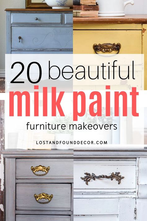 Milk paint is the best paint to use when I want to get the “chippy look” on a piece of painted furniture. It’s also an eco-friendly and affordable option for your painted furniture projects, even if you don’t want a chippy finish. I love it specifically for painting old wood furniture and raw wood surfaces. Milk paint colors also have a depth and character to them that you don’t get from a liquid, pre-mixed paint. Here are 20 great before and after furniture makeovers with milk paint! Milk Paint Dresser Ideas, General Finishes Milk Paint Furniture, How To Paint Furniture Farmhouse Style, Milk Paint Vs Chalk Paint Furniture, How To Use Milk Paint, Milk Painted Furniture, Painted Old Furniture, Before And After Painted Furniture, How To Paint Old Wood Furniture