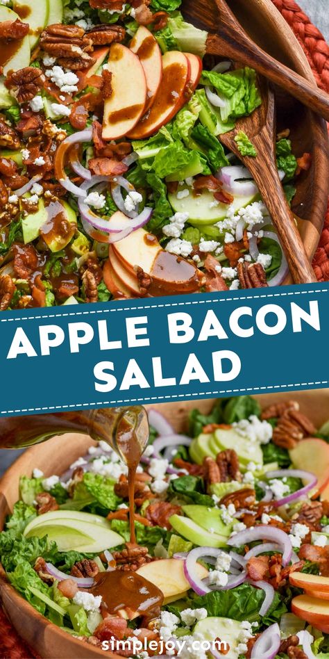 This amazing Apple Bacon Salad can be a meal all it's own. It is full of great flavor plus the crunch of apples and the irrisistable taste of bacon. Spinach Apple Bacon Salad, Turkey Bacon Salad, Apple Crunch Salad, Apple Salad Ideas, Salad With Green Apples, Lettuce Salad With Apples, Apple Recipes Salad, Autumn Apple Salad, Apple Lettuce Salad