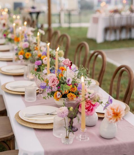 Bright Garden Party Wedding, Wildflower Wedding Reception Table Settings, Colourful Table Decorations, Spring Table Settings Wedding, Vibrant Garden Wedding, Raspberry Pink Wedding, Wildflower Rustic Wedding Theme, Colour Pop Wedding, Wedding Table Wildflowers