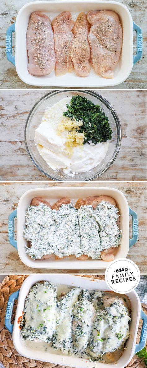 Creamy Spinach Chicken Bake Healthy Spinach Dinner Recipes, Cheesy Spinach Chicken Bake, Chicken Spinach Mozzarella Bake, Spinach Baked Chicken, Sheet Pan Spinach Herb Baked Chicken, Spinach Chicken Bake Recipes, Spinach Mozzarella Chicken, Creamed Spinach Chicken Recipe, Spinach Parmesan Chicken