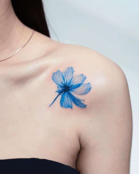 South Korean Tattoo, Uv Ink Tattoos, Blue Flower Tattoos, Blue Ink Tattoos, Korean Tattoo, Purple Tattoos, Korean Tattoo Artist, Korean Tattoos, My Tattoos