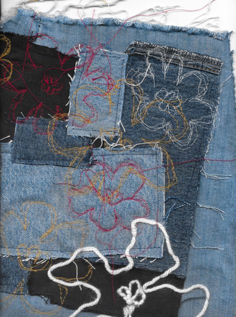 denim patchwork sample Denim Textile Art, Denim Manipulated, Denim Techniques, Denim Mood Board, Denim Art Installation, Denim Textiles, Denim Experimentation, Denim Upcycle Clothing, Denim Inspiration Board