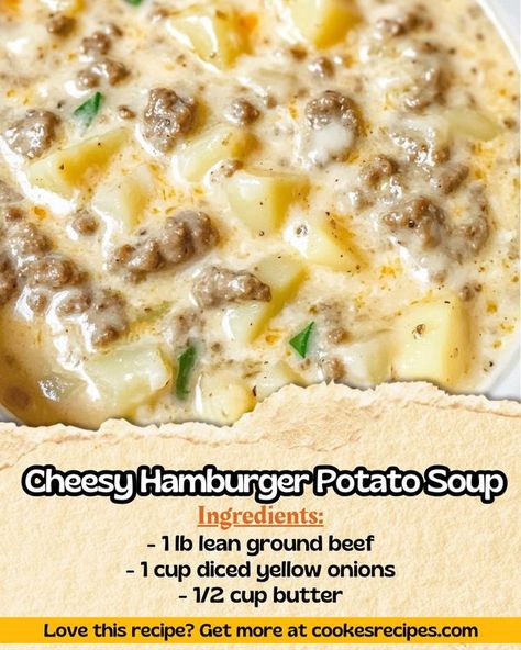 Daily Yum Recipes Cheesy Hamburger Potato Soup, Hamburger Soup Crockpot, Ground Beef Soup Recipes, Hamburger Potato Soup, Daily Yum, Hamburger And Potatoes, Soup Beef, Cheesy Potato Soup, Ground Beef And Potatoes