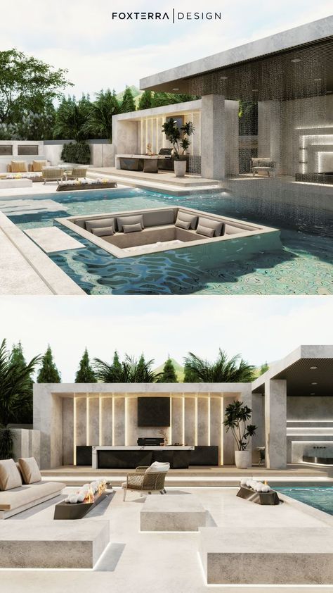 This minimalist modern luxury home backyard features an organic modern design, floating sunken seating area and soothing rain curtain. Tour this modern luxury home backyard here! Ready to upgrade your outdoor space? Book a design consultation today, we design WORLDWIDE! Follow for more modern pool backyards, modern fire pits & luxury landscape inspiration. Modern Luxury Backyard, Modern Fire Pits, Sunken Seating Area, Luxury Pool House, Sunken Seating, Organic Modern Design, Luxurious Backyard, Modern Backyard Design, Rain Curtain