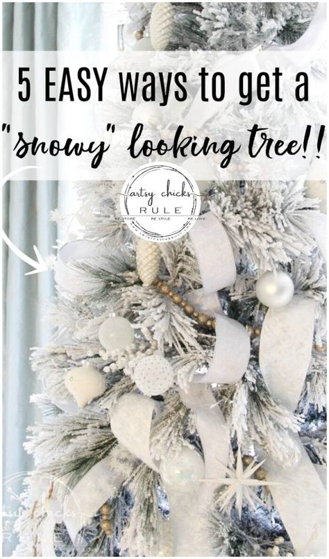 Have you ever wondered how certain trees just look magically covered in snow?? Well, and just magical?? Today I'm sharing 5 ways to up your tree game...with "snow" so you can have a magical snow covered Christmas tree look too! artsychicksrule.com #snowcoveredtree #snowytreelook #flockedtree #snowfilledtree Diy Snow Tree, How To Flock A Christmas Tree With Spray Snow, Diy Snow On Christmas Tree, Adding Snow To Christmas Tree, Snow Spray On Christmas Tree, Spray Snow On Christmas Tree, Flocking A Tree With Spray Snow, Snow White Christmas Decorations, White Christmas Tree With White Ornaments